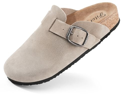 FITORY Womens Clogs Slip-on Potato Shoes Leather Mules with Suede Cork Footbed Greige Size 6