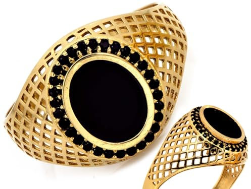 Sapphir Herren Ovaler Siegelring 14 Karat Gold 585 - Siegelring für Männer mit schwarzen Steinen und Onyx - Ringgröße 64 - Männerschmuck mit Geschenkbox - Handwerkskunst - Inkl Zwei Luxusgeschenke