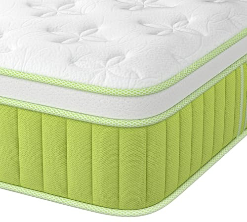 Kingsize Mattress 5ft 25cm Memory Foam & Pocketed Spring Hybrid Mattress Medium Firm 7-Zone 9-Layer Breathable Kingsize Bed Mattress with 650lbs Weight Capacity for Back Pain Relief 150x200cm(Green)