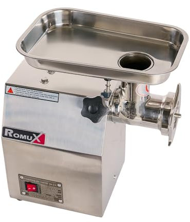 Romux® Picadora de Carne Boca de 22 Diámetro de Acero Inoxidable de 22x50 cm | Picadora Profesional Carnicería con Producción de 220 kg/hr - 900W | Máquina para Embutir para Gastronomía