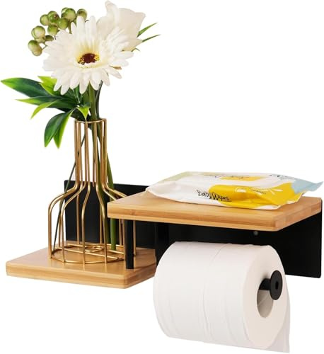 Neuytiky Support Papier Toilette Mural avec Ablage, Porte Rouleau en Bois sans Perçage, Distributeur Papier Toilette pour Salle de Bain et Cuisine