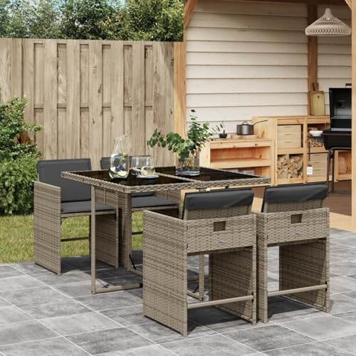 Hoodmeel Rattan Gartenmöbel Set 4 Personen Garten Sitzgruppe 4 Personen Sitzgruppe Outdoor Polyrattan Sitzgruppe Sitzgarnitur Terassenmöbel außen-Grau-5-tlg