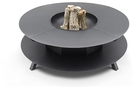 Fuji Feuerkorb Schwarz – Feuerstelle mit Holzfach & Abdeckhaube | 120x120x46 cm | Pulverbeschichtet, wetterfest & vormontiert | Gartenofen für Terrasse & Outdoor-Lounge