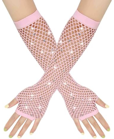 Damen Netzhandschuhe Glänzende Fingerlose Handschuhe Lange Fischnetz Armstulpen Mesh Handschuhe Karneval Party Kostümzubehör Opernhandschuhe Abendhandschuhe Glitzer Faschingskostüme Damen (One Size)