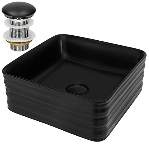 LuxeBath Waschbecken Keramik 390x390x150 mm Schwarz mit Ablaufgarnitur Schwarz, Quadratisches Aufsatzwaschbecken für Badezimmer/Gäste-WC, Aufsatzbecken modern Waschtisch Waschschale Waschplatz Becken