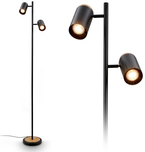 BRILONER - Stehlampe mit Kabelschalter, schwenkbare Spotköpfe, 2x GU10 Fassung, Leselampe, Wohnzimmerlampe, Schlafzimmer Deko, Deckenfluter, Standleuchte, Stehleuchte, 26x26x159,5 cm, Schwarz-Holz