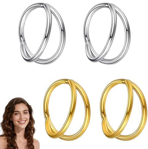 xwnyzw 4PCS Double Hoop Nose Ring(2 Pcs Gold and 2 Pcs Silver) 8mm Stainless Steel Nose Ring, Seamless Hinged Helix Hoop Gold Conch Ring, Jewellery Piercing Jewelry for Women