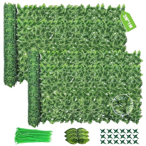 2PCS Artificial Ivy Fence Screening, 3M X 1M Garden Screening with 200pcs Zip Ties,Garden Screening Roll,Ivy Trellis Screening,Artificial Leaf Trellis,Foliage Wall Panel,UV Resistant