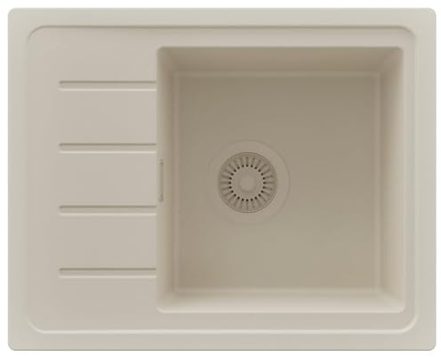 PRIMAGRAN Evier Cuisine en Granit au Meuble 45cm + Kit de Vidage, 55x44cm | Set: Kit de Vidage (Siphon, bonde d’évacuation, trop-plein) + Lavabo 1 Bac - Copenhague Easy, Tout Beige