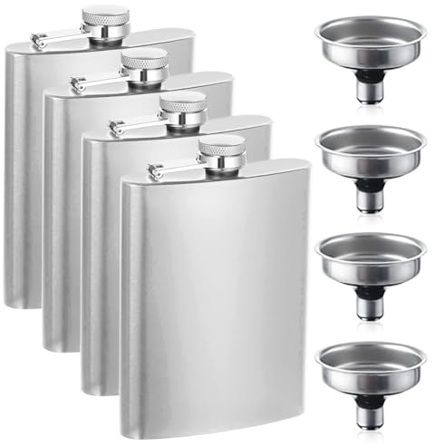 Wapasezyar Flachmänner, Edelstahl Flachmann mit Trichter, 8 oz/227 ml Flachmann Schwarz Geeignet Zum Tragen von Alkohol und Schnaps, Tragbares Flaschen Set für Männer und Frauen (4, Silber)