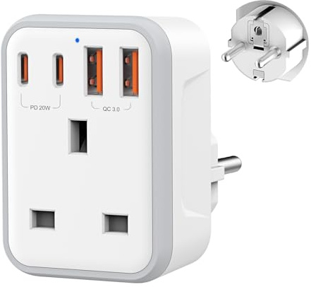 Uk to European Travel Plug Adapter PD 20W Fast Charge USB-C QC 3.0 Grounded EU European to UK Power Plug Adaptor Charger for Germany Spain Turkey France Greece Iceland Poland and More (Type E/F)