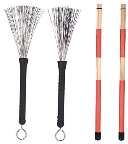 Acouto Paire de Baguettes + Paire de Pinceaux avec Sac de Rangement pour Jazz, Musique Folk, Bâton de Musique Folk, Brosses, Bâtons de Tige de Tir, Baguettes de Tambour, de Tambour, Tiges Rouges