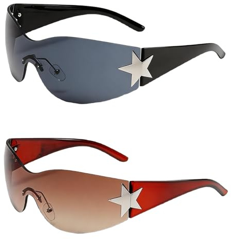 Shengxi 2 Pièces Lunettes de Soleil Sans Monture pour Femme Homme - Y2k Enveloppant Futuriste de Mode avec Étoile