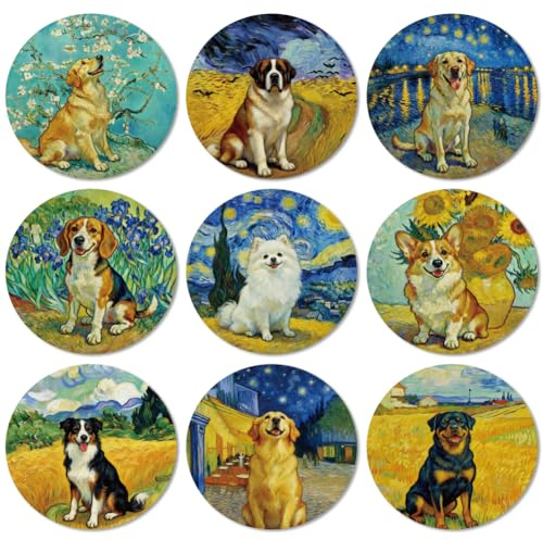 ANATTASOUL Famous Painting and Dog Wood Coasters Set of 9 for Coffee Table | Home Decor,3.9 Round,Vintage,Colorful Wooden Cup Mat,Funny Desk Coasters,for Apartment,Office,Bar,Kitchen,Gifts