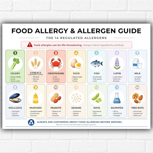Affiche relative aux allergies alimentaires et guide des allergènes A3 – Tableau de sécurité mural des 14 allergènes réglementés au Royaume-Uni – Impression éducative sur la sécurité alimentaire pour