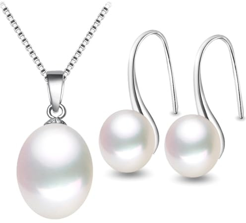 Kim Johanson Damen Perlen Schmuckset Eva aus 925 Sterling Silber mit echten weißen Süßwasser Perlen Halskette & Ohrringe inkl. Schmuckbeutel