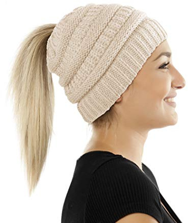 Balinco Damen & Mädchen Strickmütze mit Zopfloch - gestrickte Wintermütze (5a) (Beige)