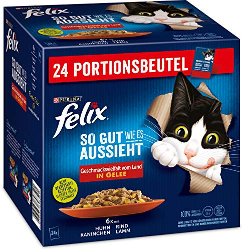 Felix Katzennassfutter So gut wie es aussieht in Gelee Geschmacksvielfalt vom Land , 4er Pack (4 x 24 x 85 g )Portionsbeutel