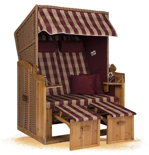 Strandkorb Hanse Strandkorb Ostsee XXL Volllieger - 2-Sitzer 120cm breit, ideal für Garten, Terrasse und Balkon (Rot Kariert, Montiert)