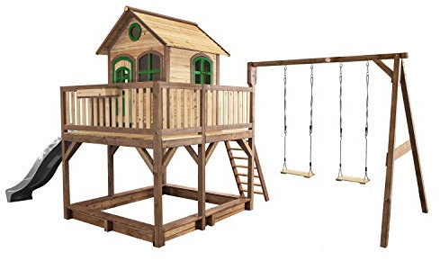 AXI Spielhaus Liam mit Sandkasten, Doppelschaukel & Grauer Rutsche | Stelzenhaus XXL in Braun & Grün aus FSC Holz für Kinder | Spielturm mit Wellenrutsche für den Garten