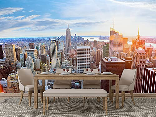Oedim Fotomural Vinilo Adhesivo New York Skyline al Atardecer, 200x150cm, Vinilo Adhesivo Decorativo para Habitaciones, decoración para Paredes.