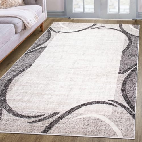 oKu-Tex Teppich Wohnzimmerteppich [200x290 cm] weicher Kurzflor Creme - Cremefarbener Teppich für das Wohnzimmer - Carpet Living Room - Modernes Wellen Design geometrisch - Deutsche Marke