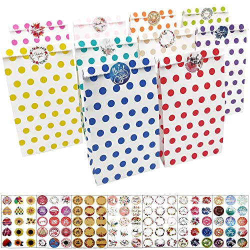 Flyoo 50 Stück Papiertüten, 24x13x8cm Bunte Papiertüten mit Polka-Dots, Klein Geschenktüten mit 105 Aufkleber, Kraftpapiertüten, Sandwich Tüten Brottüten, zum Verpacken von Geschenken, Giveaways