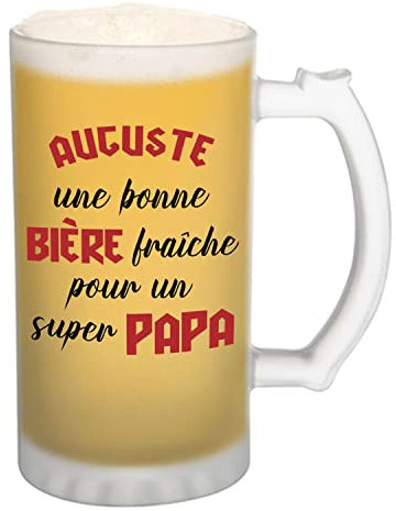 Planetee Chope de bière Auguste Super Héros Super Papa - cadeau idée anniversaire Fête des Pères Humour - Verre givré 470 ml avec poignée Alcool Pinte