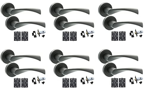 Golden Grace Astrid Twist Door Handles On Rose, Matt Black, 6 Sets | Includes spindle, screws, 75mm ball bearing hinges, and 64mm tubular latches for complete, hassle-free interior installation.