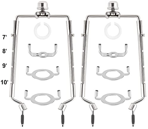 2 Pack HZHFCB 7 8 9 10 inch Lamp Shade Harp Holder,Adjustable Lamp Harp Kit,Fit 3/8 IP Standard,E14,E26,E27 Light Base UNO Fitter Adapter,Silver Horn Frame Lampshade Bracket (Silver)