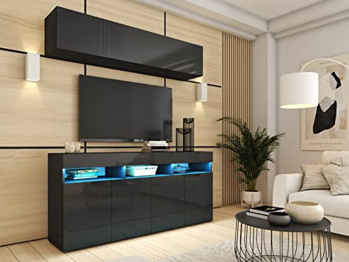 BROMARKT Premium Wohnwand Wohnzimmer Set 2 Teile - Wohnzimmer Schrank - Wohnzimmer Möbel mit Kommode - Wohnwand Modern - Wohnzimmerschrank Komplett Möbel - Hochglanz Schwarz