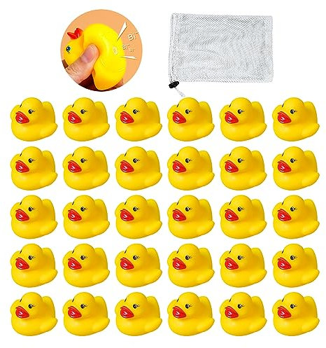 TAFACE 30 Piezas Mini Patos Amarillos con Bolsa de Red Con Cordón, Patos Chirriantes de Caucho, Juguetes De Ducha Para Niños, Regalos De Decoración De Fiesta, TC30XIAOYA