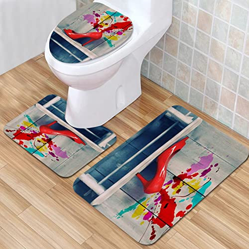 IUBBKI Badematte, rutschfeste Badematte, roter High Heel, buntes Aquarell auf Holzbrett, Holz, Badematten-Set, 3-teilig, saugfähig, rutschfest, Badematte, WC-Vorleger, Badteppich für Bathr