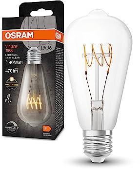 Osram Vintage 1906® Classic Edison Fil LED lampe, E27, Clear, 48W, 470lm, 2700K, chaude lumière blanche, dimmable, nouveau, filament ultra-mince, longue durée de vie