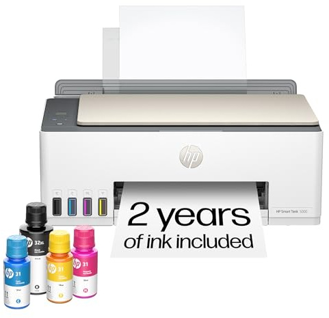 HP Smart Tank 5000 Wireless All-in-One Ink Tank Printer, Scanner, Copier with 2 Years of Ink Included, Best-for-Home, Cartridge-Free, Refillable, AI-Enabled, an EcoTank Alternative (5D1B6A)