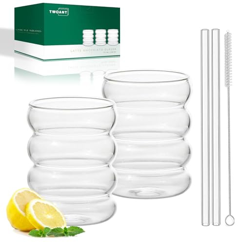 twoant Lot de 2 verres à bulles nervurés avec pailles en verre de 388,5 g - Verres à cocktail - Verres à café glacé - Verres ondulés pour eau soda - Cadeau avec brosse de nettoyage