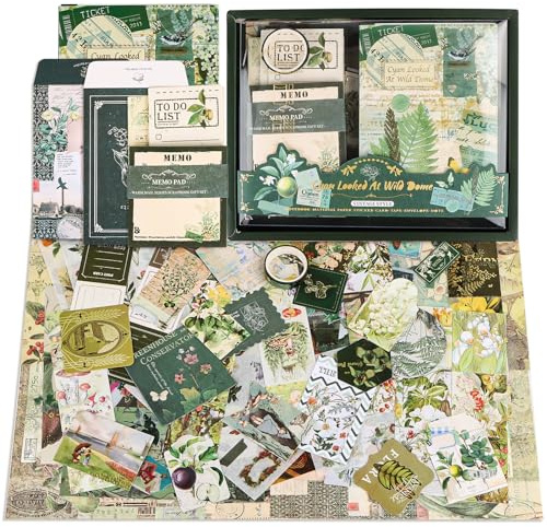 RUNEAY Kit de álbumes de recortes, kit de suministros de álbumes de recortes con temática verde, kit de diario estético con cuadrícula A6, etiqueta adhesiva, cinta washi para adolescentes, niñas,