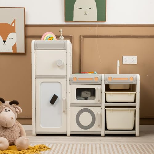 DREAMADE Kinderregal mit 2 Aufbewahrungsboxen & 4 Schränke, 116 × 38 × 98cm, Bücherregal Kinder mit Whiteboard & 5 Stifte, Spielzeugregal wie Kinderküche mit Spüle & Wasserhahn & Kühlschrank Beige