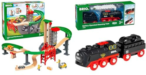 BRIO World 33887 Großes Lagerhaus-Set mit Aufzug - ab 3 Jahren & World 33884 Batterie-Dampflok mit Wassertank - Lokomotive mit echtem kühlen Dampf und Wasserbehälter zum Nachfüllen
