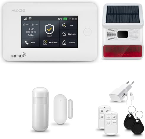 HUXGO® HXA006 Sistema di allarme casa senza fili con radio Sirena solare WiFi + GSM 4G | Impianto allarme casa kit con 1x sensori di allarme per finestre/portes, 1x rilevatori di movimento