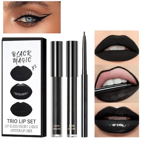 LFCFBH 3PCS Waterproof Black Lipstick Matte, Long-Lasting Moisturizing Black Lip Liner for Gothic Makeup