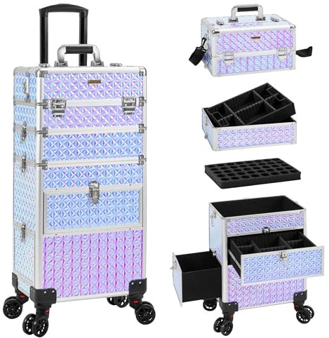 JINGUAN 4 in 1 Rolling Makeup Case with Drawers, Multi-functional Cosmetic Trolley with 360° Swivel Wheels Keys, Large Storage Traveling Cart Trunk for Nail Technicians, Makeup Artist and Hairstylist,