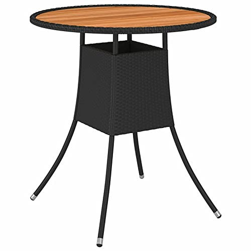 LAPOOH Garten-Esstisch, Couchtisch, Konsolentisch, Gartentisch, Balkontisch, Balkonmöbel Kleiner Balkon, Balkon Tisch, Beistelltisch, Schwarz Ø 70 cm Poly Rattan Massivholz Akazie