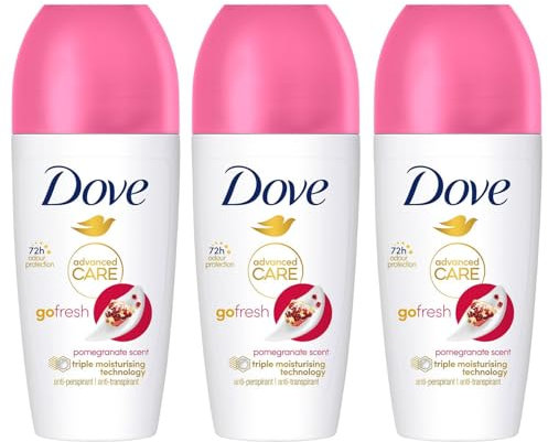Dove Deodorant Roll On Advance Care Go Fresh Pomegranate Scent 72H Odour Protection Anti-Transpirant and Anti-Perspirant for Women with Triple Moisturising Technology 50ml, 3 Pack