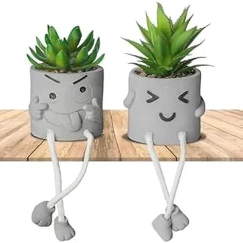 INFTYLE Set of 2 Artificial Potted Plant Cute Fake Succulent Plant with Hanging Leg Emotional Cement Faux Succulent Potted Plant Decor for Home Office Table Desk Living Room Shelves