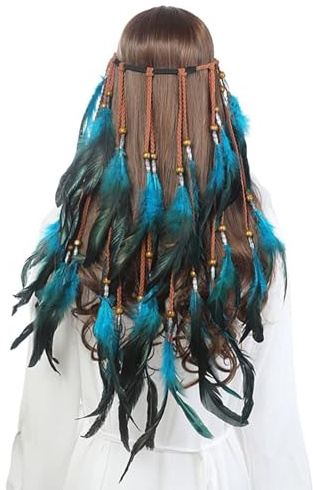 Damen Hippie Boho Haarband Haarschmuck Hippie Kostüm Indianer Stirnband Vintage Kopfschmuck Damen StirnbäNder Pfau Feder Quaste Haarschmuck Indianer Stirnband Federn Boho Haarbänder(16-Blue)
