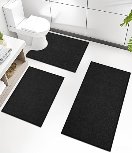 Chakme Bathroom Rug Sets 3 Piece, Ultra Thin Bath Mat Quick Dry, Absorbent, Non Slip, Machine Washable, Black