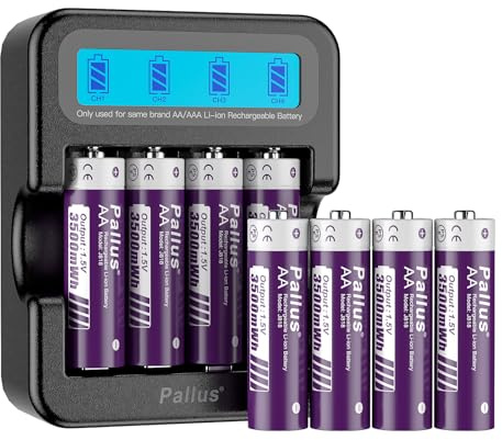 Pallus Paquet de 8 Piles Rechargeables AA au Lithium, 3500 mWh (1,5 V, 2 333 mAh), Grande Capacité avec Chargeur Rapide en 2 Heures, Puissance Constante, Décharge Max. 3 A, Jusqu'à 1600 Cycles