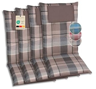 GO-DE Textil Bequeme und attraktive Polsterauflagen für Hochlehner-Gartenstühle (4er-Set, Karo braun, Hochlehner)