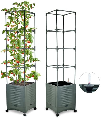 Tomato Planter Pot Tomato Box Raised Garden Bed 56.5 Tall Self-Watering and Water Indicator Planter for Tomato Outdoor Indoor Metal Trellis for Climbing Plants Large Reservoir-1 planter-not 2